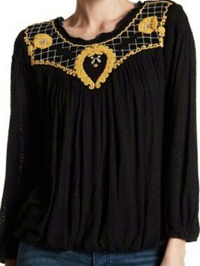 Free People Begonia Bubble Hem Black & Gold Embroidered Blouse Size Small EUC